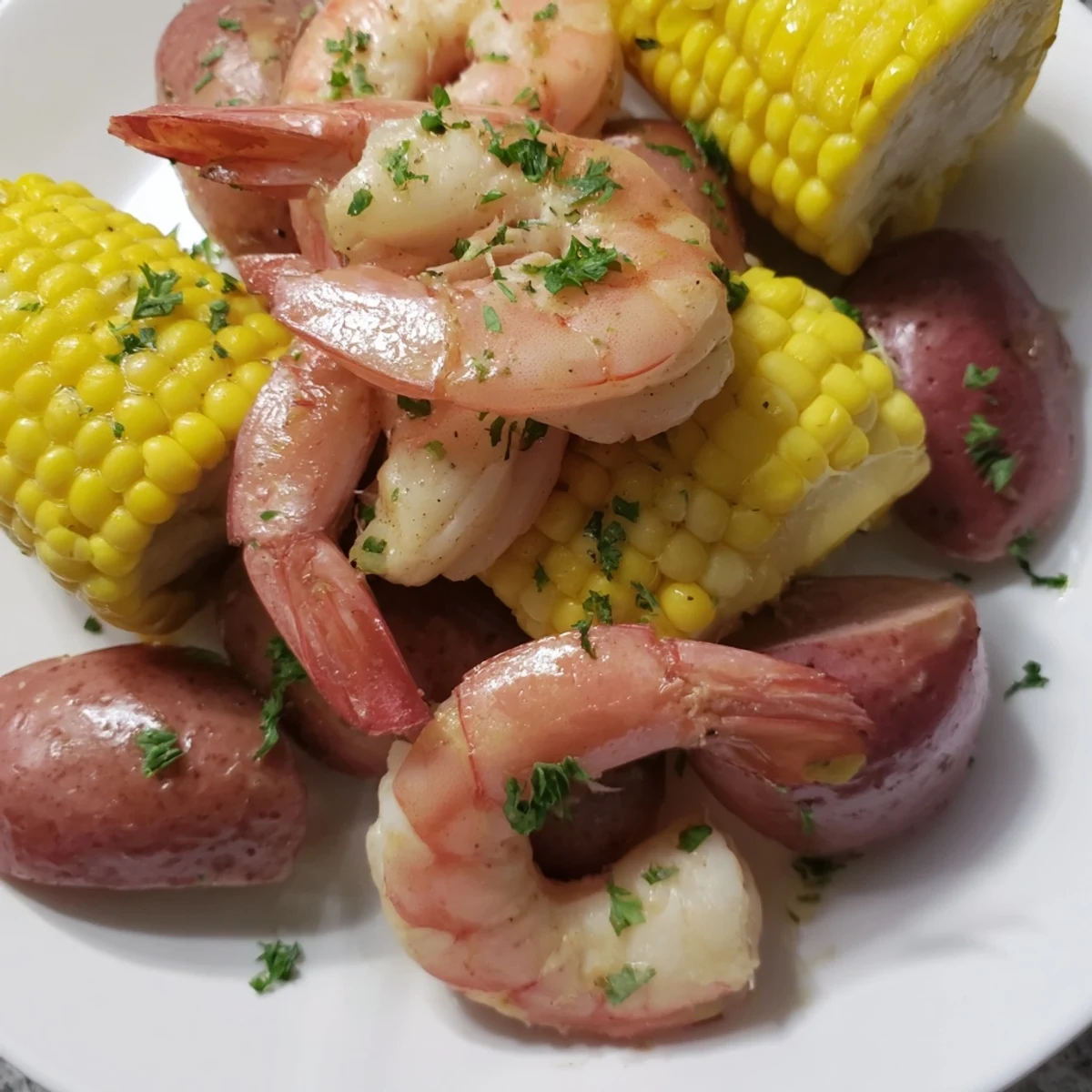 Festive Mardi Gras Shrimp Boil piled high with shrimp, baby potatoes, corn, and sausage, seasoned with Cajun spices.  