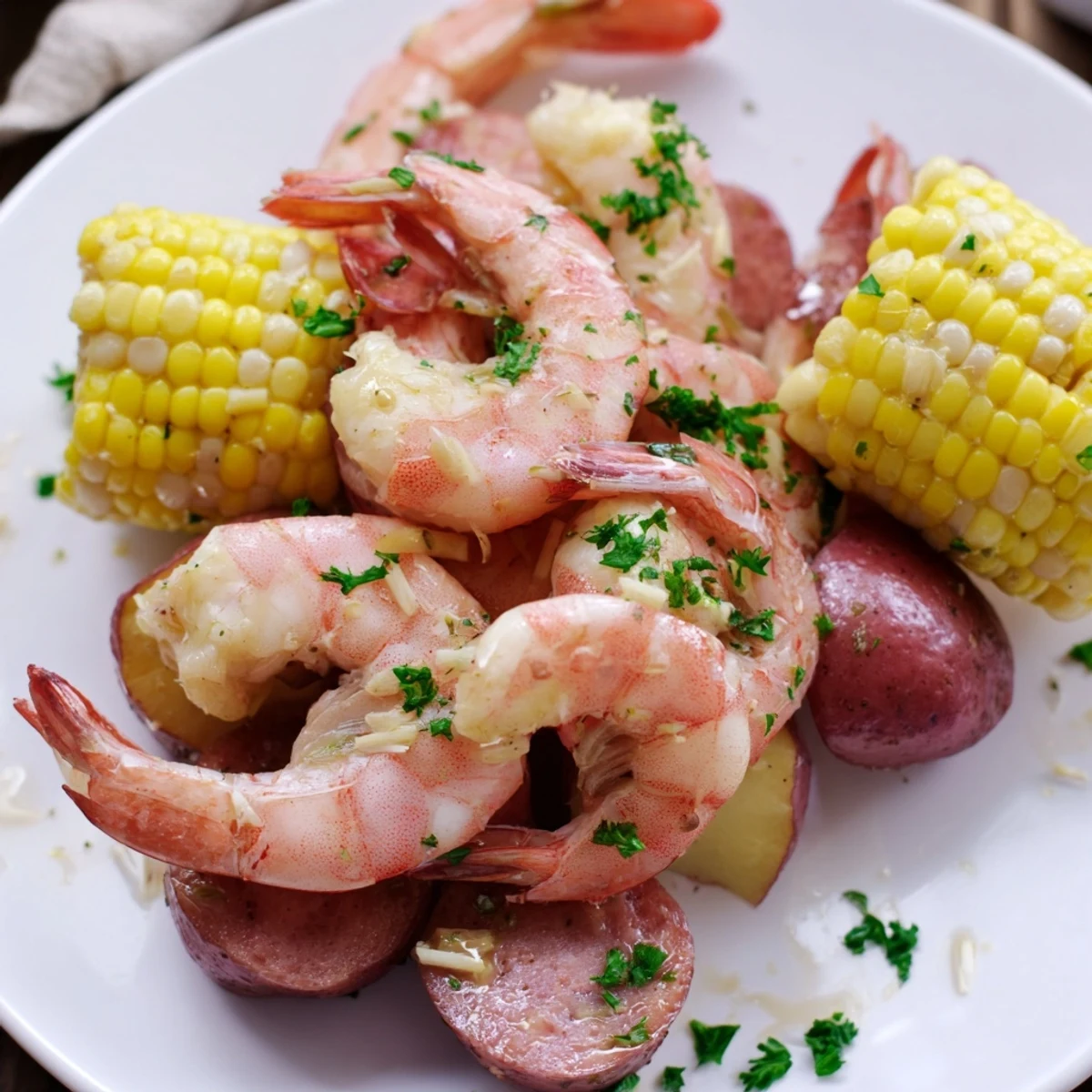 Steam rises from a savory Mardi Gras Shrimp Boil, ready to be served with melted butter and lemon wedges.