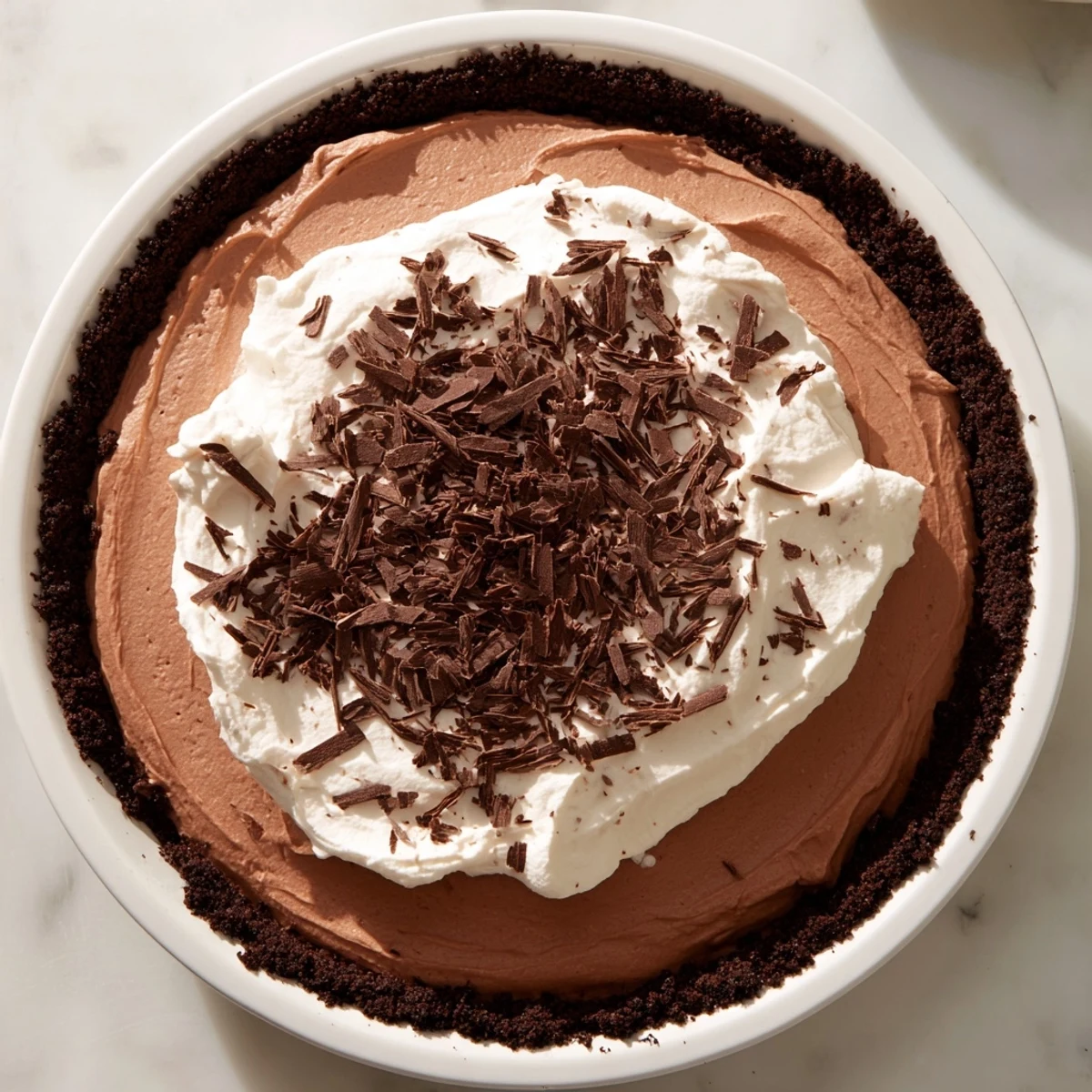 A romantic chocolate silk pie with a chocolate cookie crust and velvety smooth filling, ready to be served chilled.