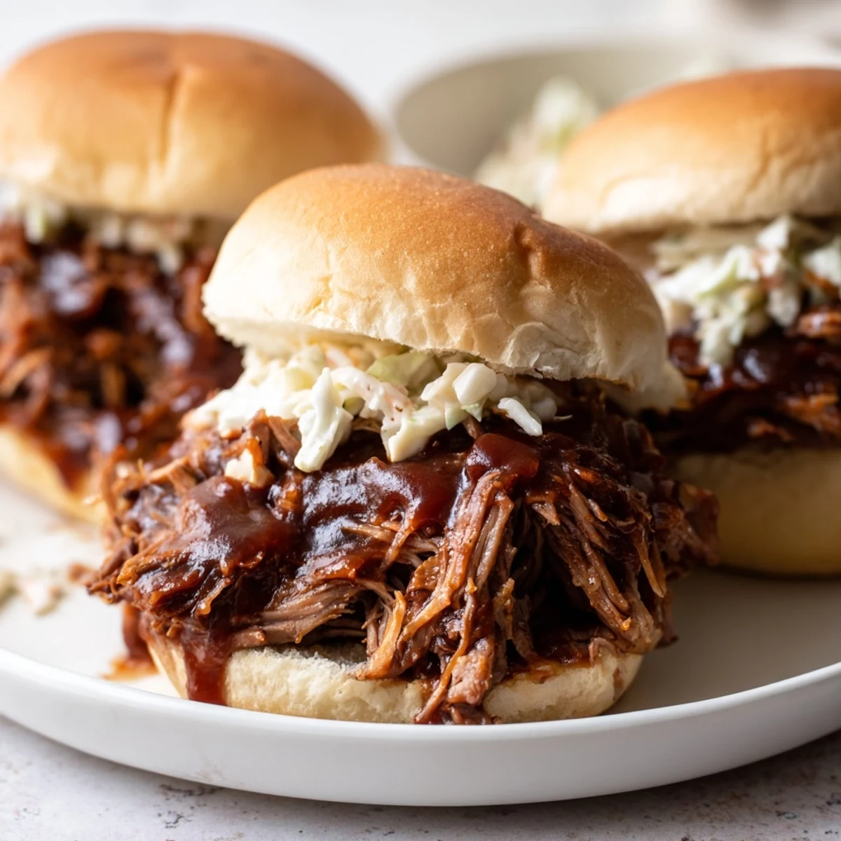 Fork-tender Tailgate Pulled Beef Sandwiches piled high on a soft toasted bun, garnished with creamy coleslaw for a perfect game-day bite.