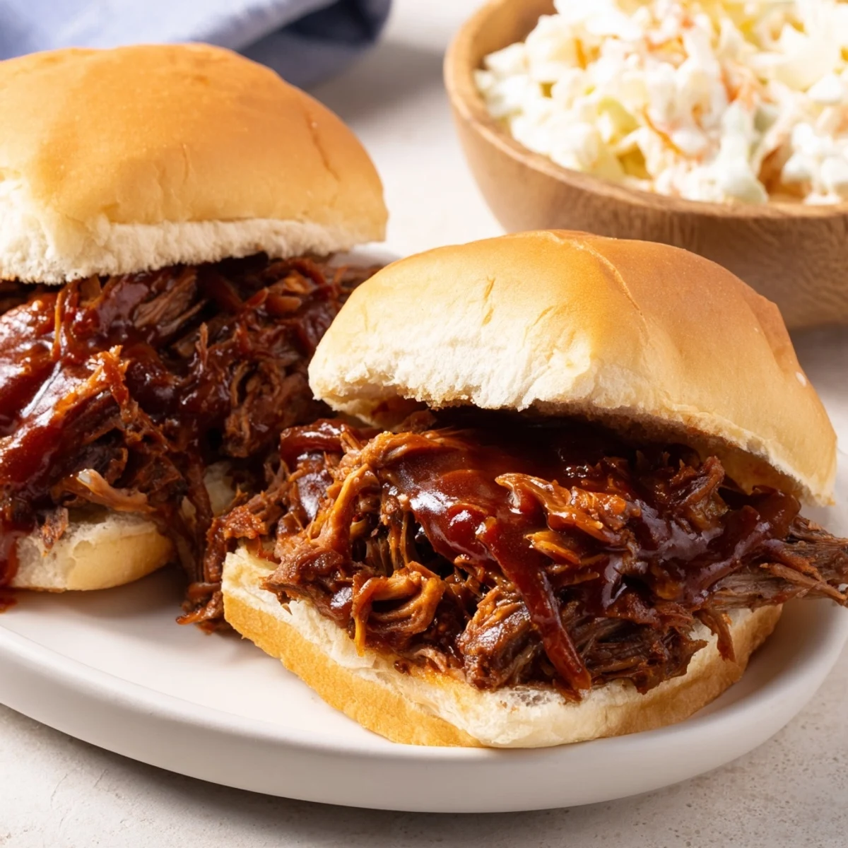 Golden toasted buns brimming with saucy Tailgate Pulled Beef Sandwiches, ideal for backyard gatherings with pickles and extra barbecue sauce on the side.