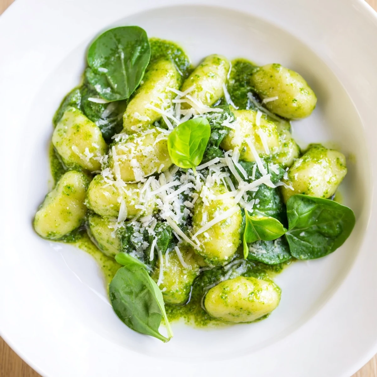 Steaming Green Pesto Gnocchi with spinach in a creamy basil sauce, served in a rustic bowl.  