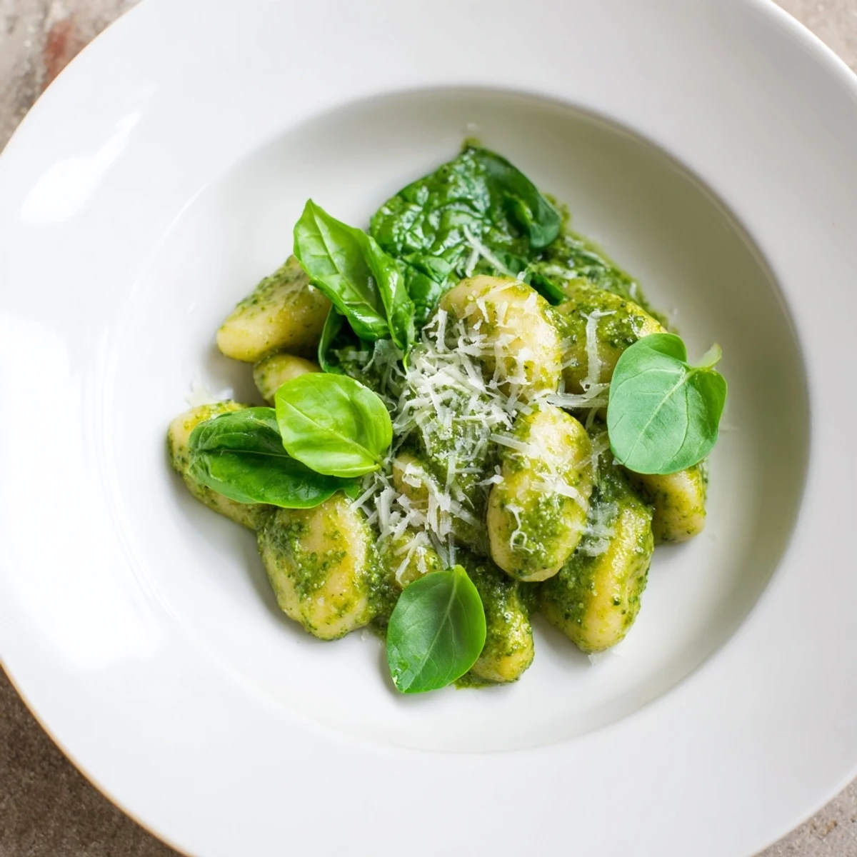 Freshly made Green Pesto Gnocchi tossed with wilted spinach and topped with grated Parmesan cheese.  