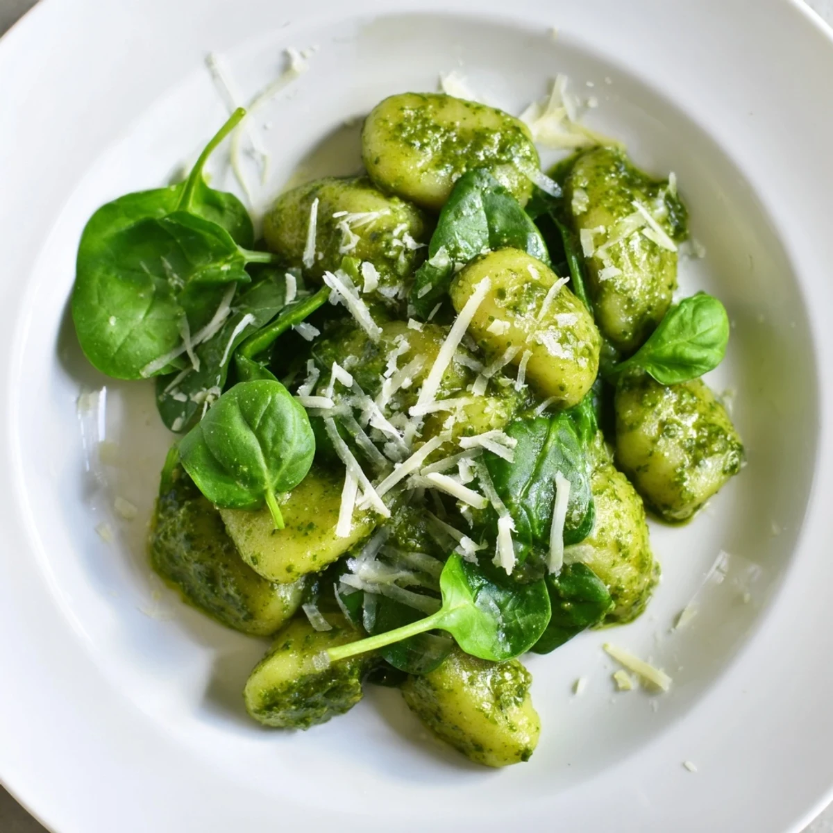 A close-up of Green Pesto Gnocchi with vibrant basil pesto and tender spinach leaves for a quick dinner.