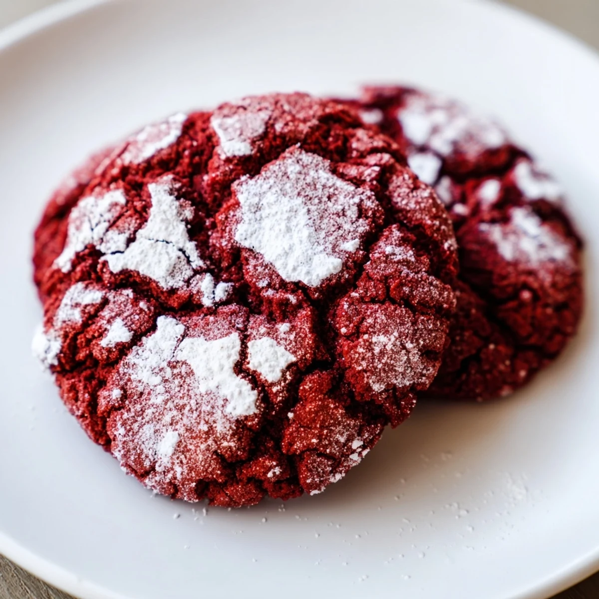 A plate of freshly baked Red Velvet Crinkle Cookies with vibrant red centers and a snowy powdered sugar coating.