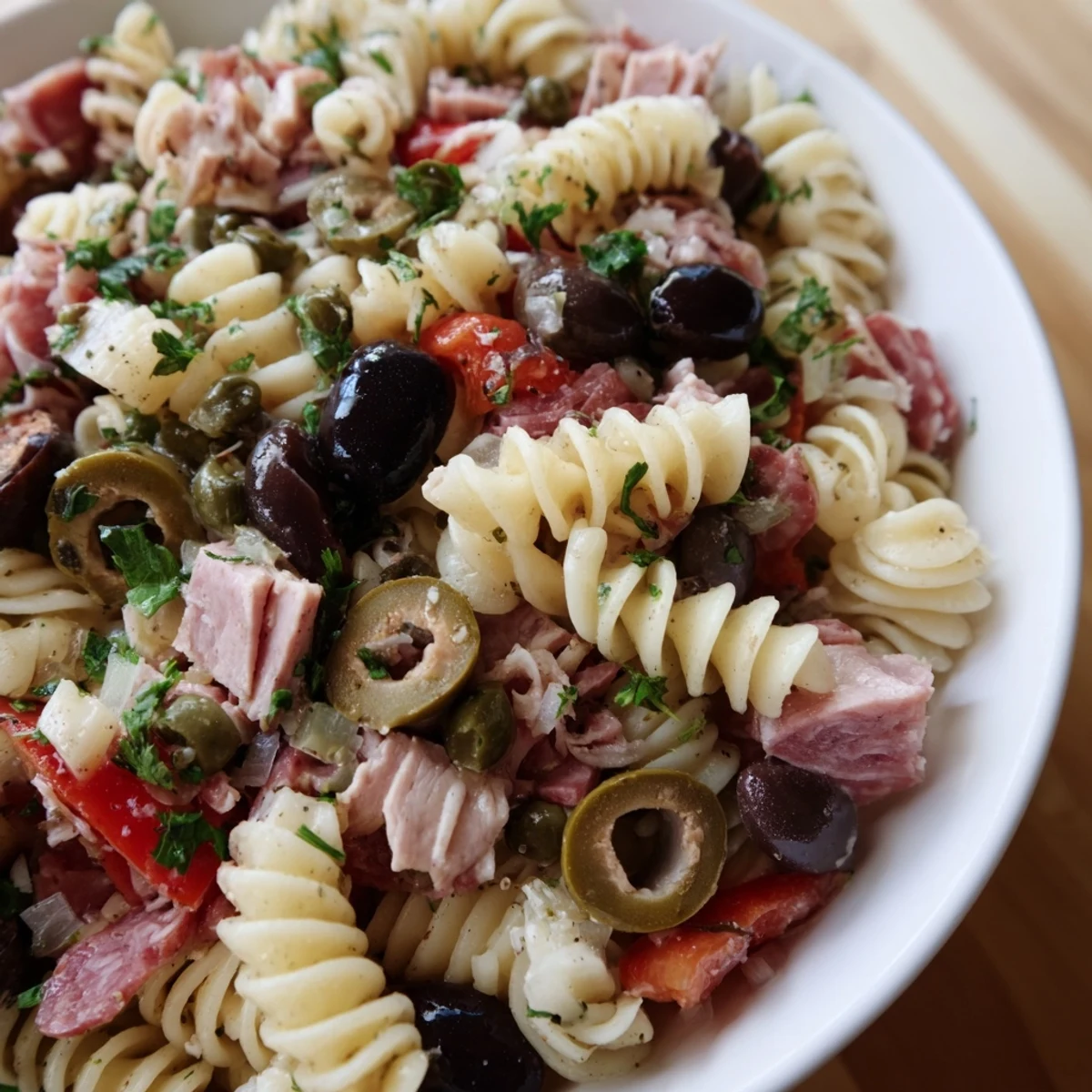 Vibrant serving of New Orleans Muffuletta Pasta Salad on a wooden table, ready for a summer picnic with a side of crusty bread.
