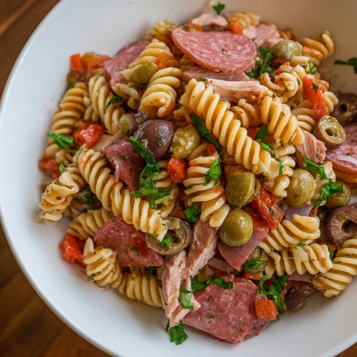 Cool, zesty New Orleans Muffuletta Pasta Salad in a white bowl, featuring rotini, colorful pickled veggies, olives, and halal meats tossed in a vinaigrette.