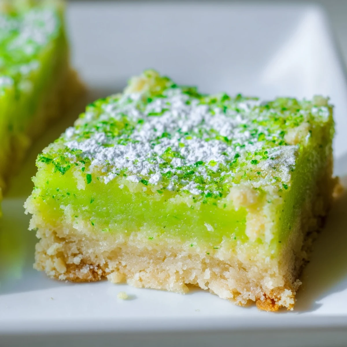 St. Patrick's Day Lime Bars are arranged on a plate, showcasing their zesty, vibrant green filling and crumbly texture.  