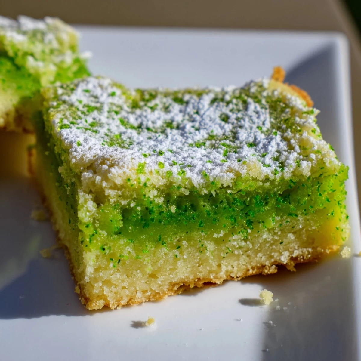 Bright green St. Patrick's Day Lime Bars with a buttery shortbread crust and a dusting of powdered sugar on a wooden table.  