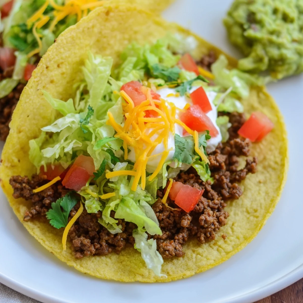 Freshly assembled Big Game Mini Tacos with seasoned beef, shredded cheese, and creamy homemade guacamole on a platter.