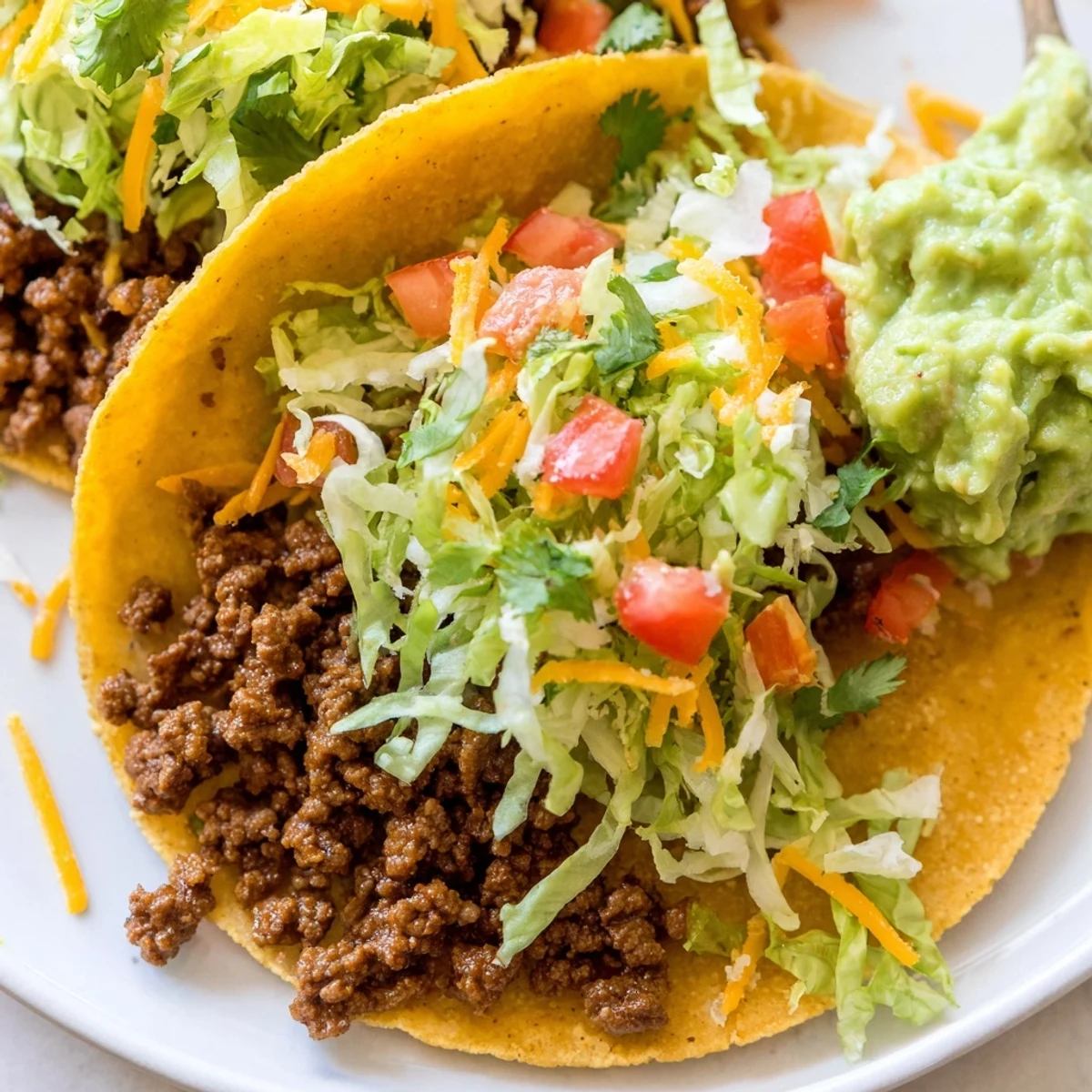 Close-up of Big Game Mini Tacos topped with crisp lettuce and diced tomatoes, served alongside chunky guacamole.