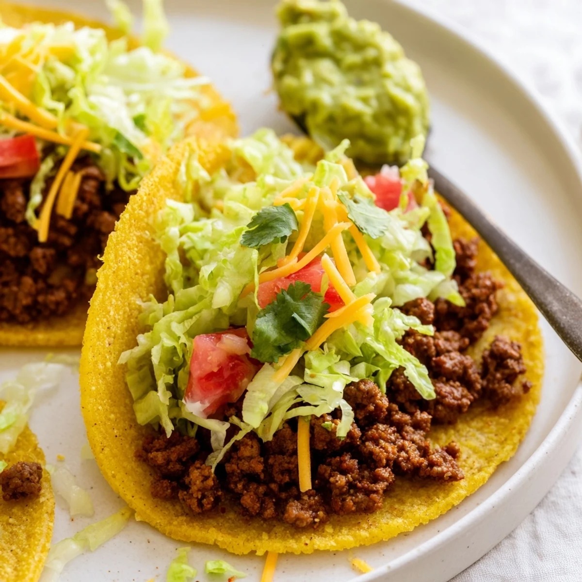 A platter of Big Game Mini Tacos with beef filling and guacamole, ready for a game day party.