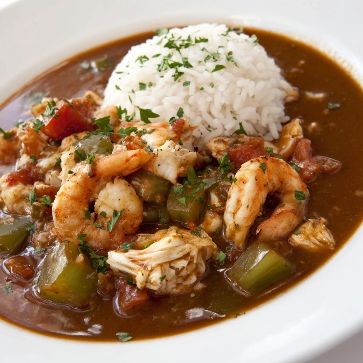 Steaming bowl of Creole Seafood Gumbo with shrimp, crab, and rice, garnished with parsley and green onions.  