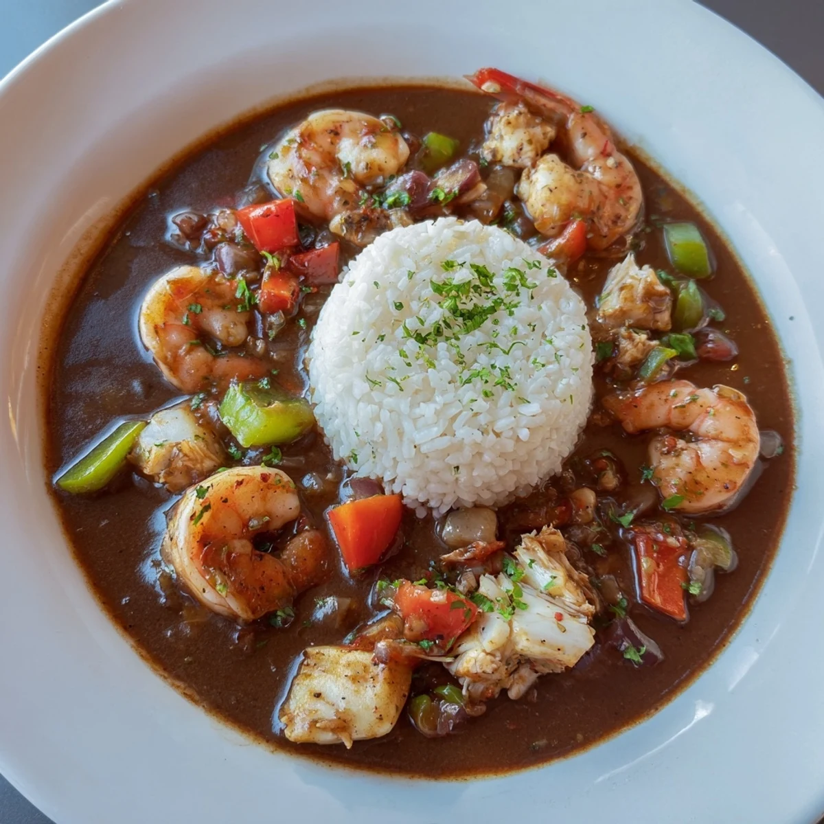 Rich Creole Seafood Gumbo simmering with tender seafood, peppers, and spices in a dark roux base.  