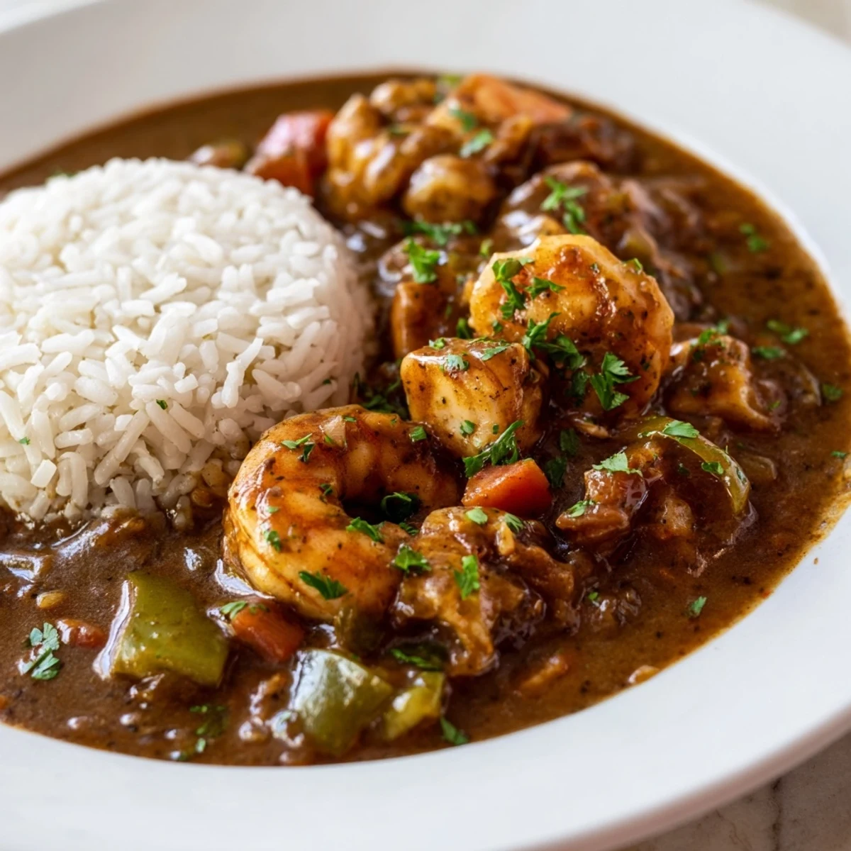 Serving Creole Seafood Gumbo over white rice, featuring shrimp, crab, and a savory, aromatic broth.