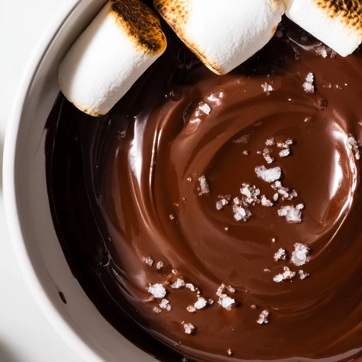 A close-up of Romantic Chocolate Fondue with Marshmallows in a warm fondue pot, surrounded by fresh strawberries, banana slices, and pound cake cubes. A melting marshmallow dangles from a skewer into the glossy, molten chocolate, inviting a sweet dip. The setup suggests a cozy, romantic dessert perfect for sharing on a date night.