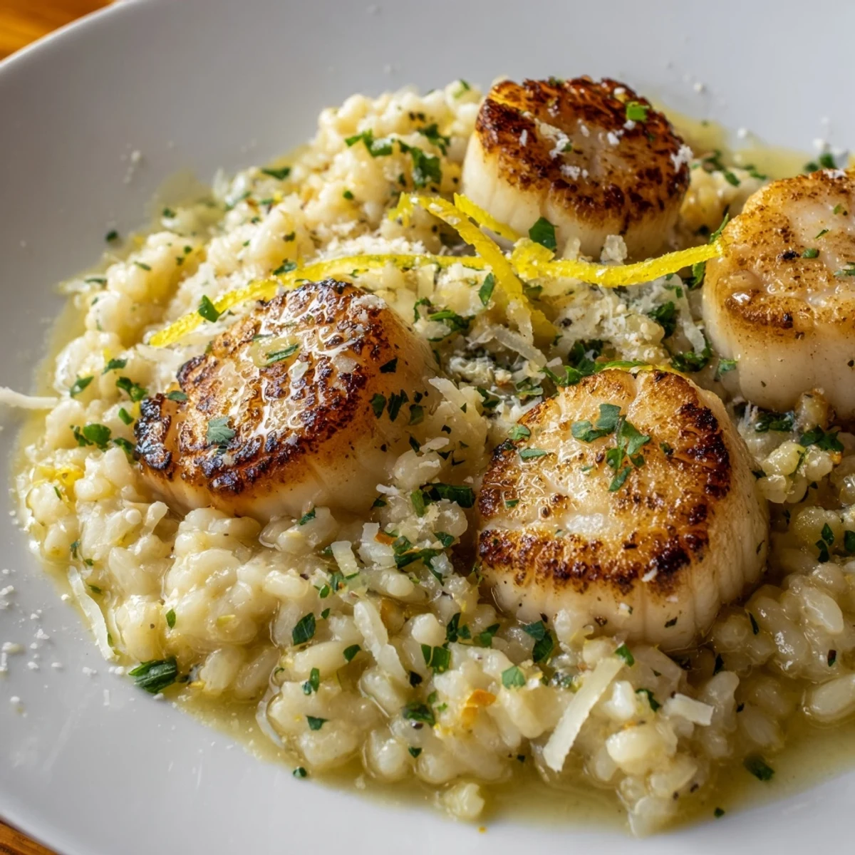 Golden-brown seared scallops served atop creamy lemon butter risotto and garnished with fresh parsley.