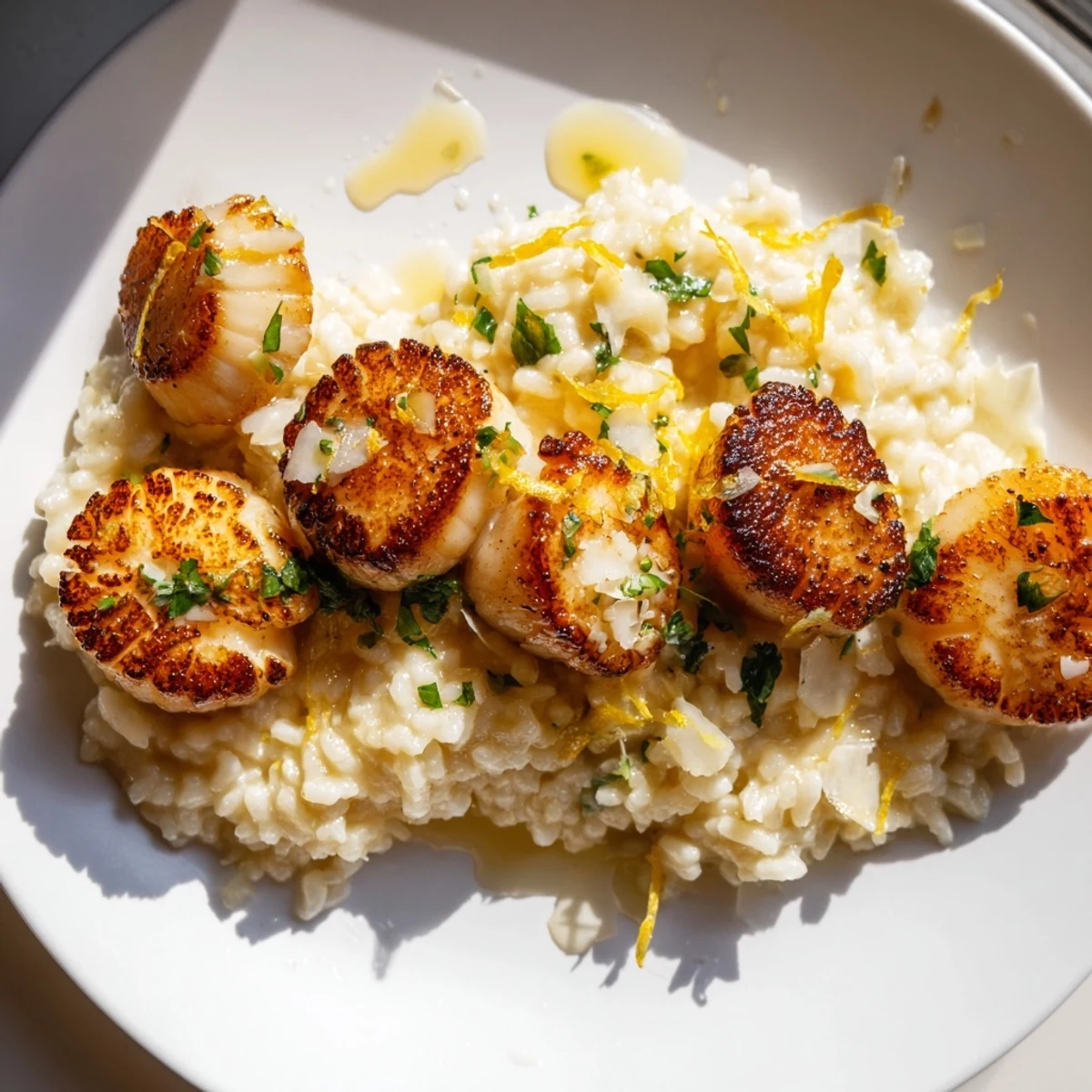 Tender scallops and lemony risotto plated together, drizzled with butter sauce and fresh herbs.
