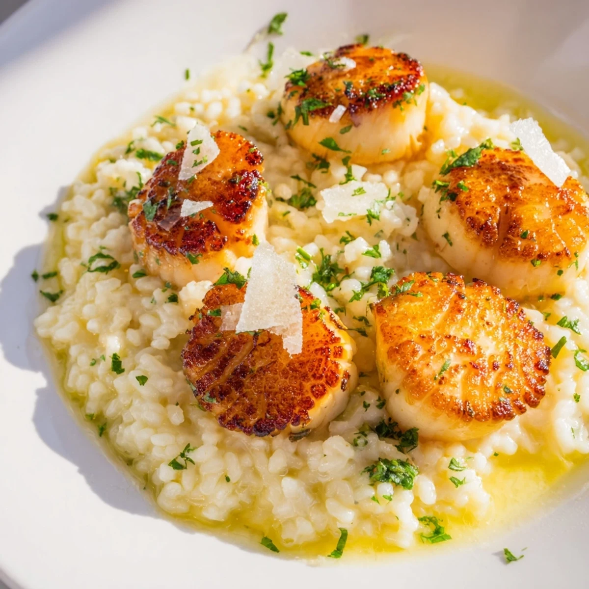 Delicious seared scallops with lemon butter risotto, finished with zest and parsley on top.