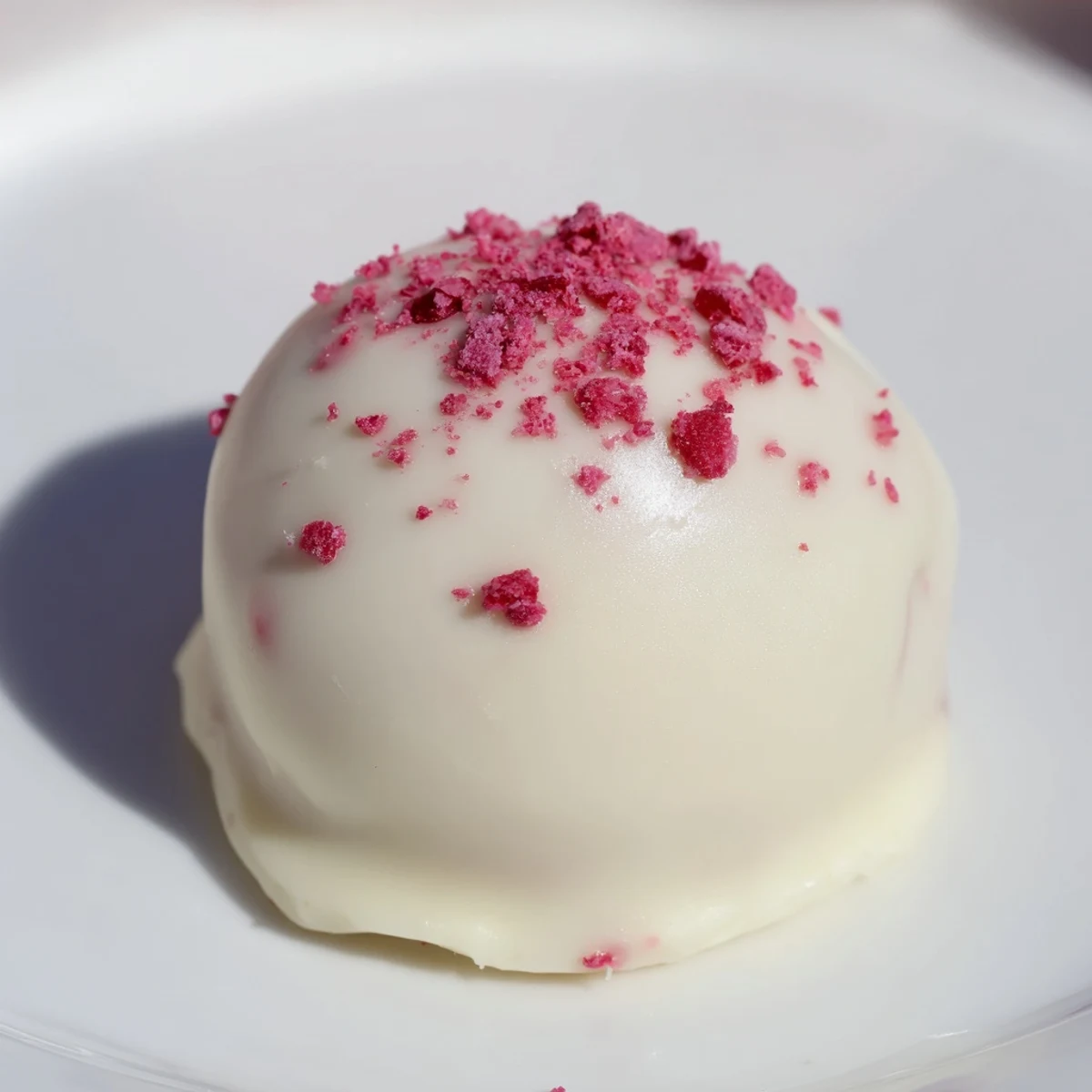 Homemade White Chocolate Raspberry Truffles arranged on a platter, dusted with raspberry powder for a sweet dessert serving.