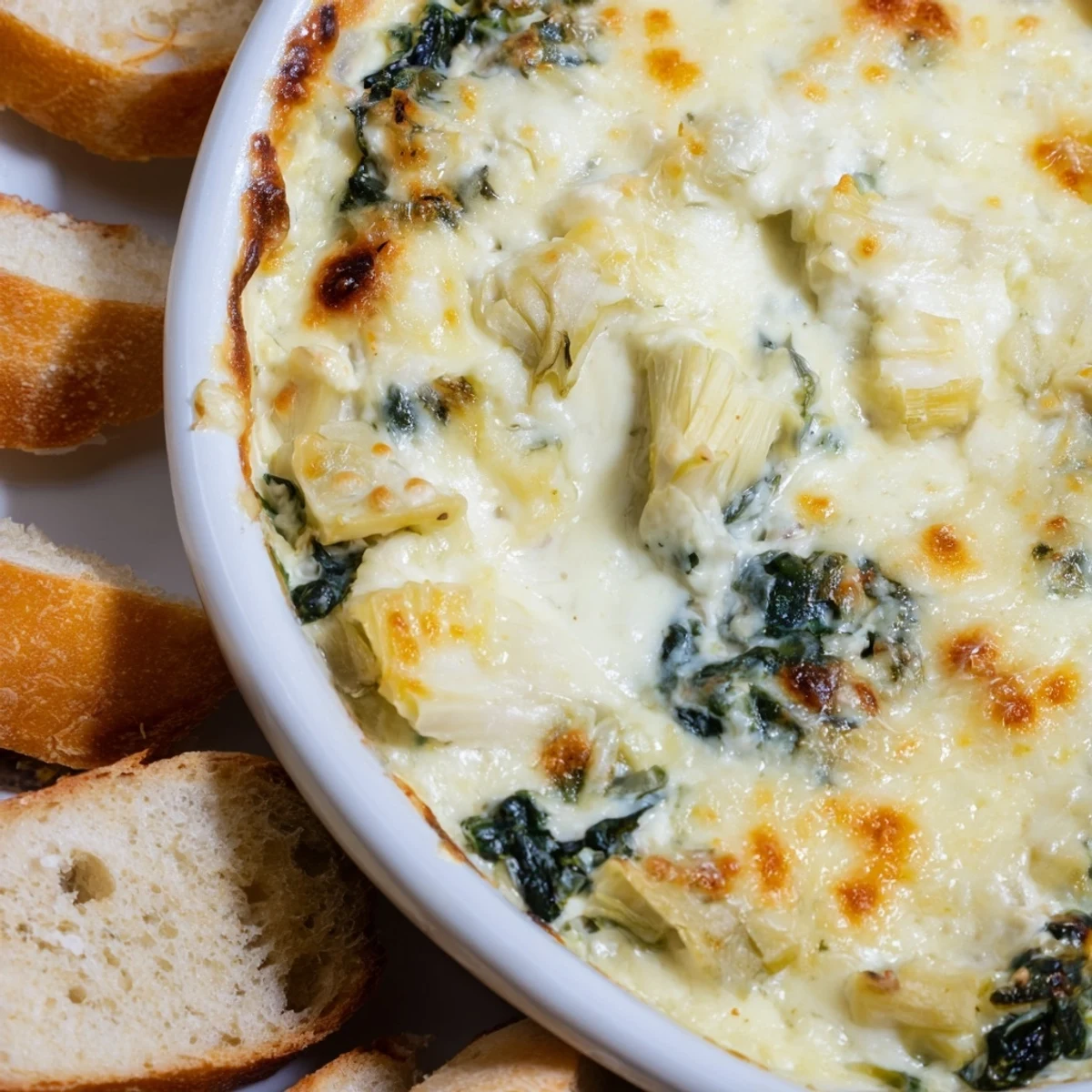 Creamy Spinach and Artichoke Dip with Baguette baked golden and bubbly in a dish, with crisp toasted slices ready for dipping.