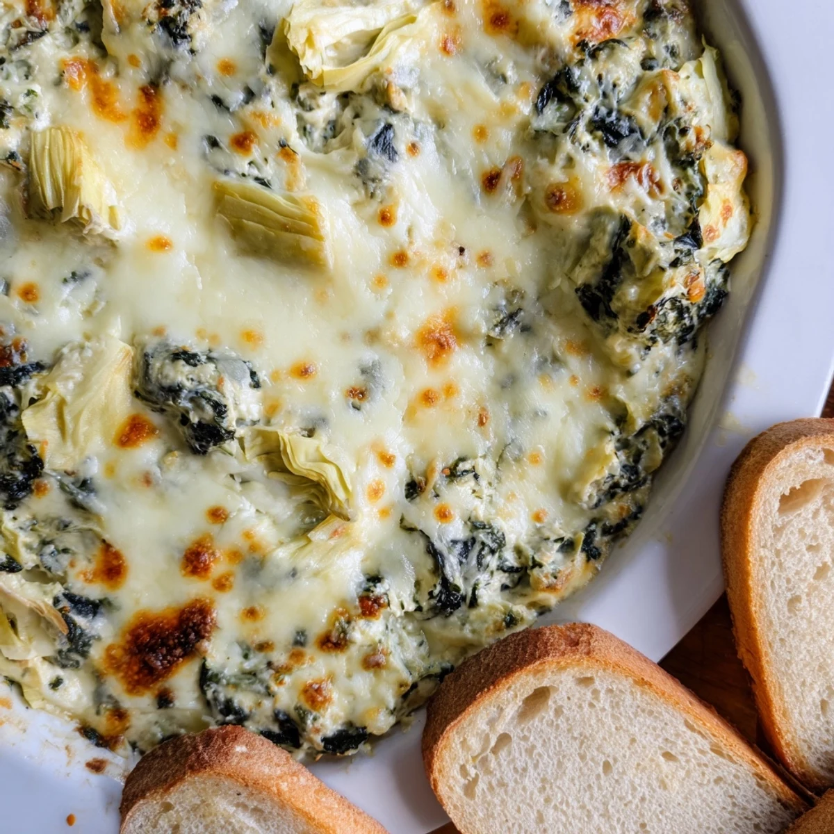 A warm bowl of Creamy Spinach and Artichoke Dip with Baguette served beside crunchy bread, ideal for a party appetizer.