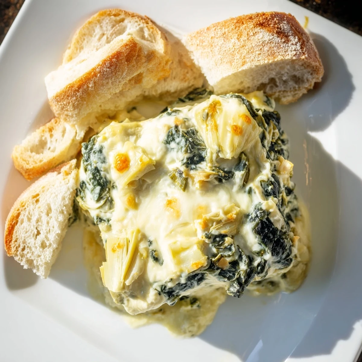 Freshly baked Creamy Spinach and Artichoke Dip with Baguette shows melted cheese on top and tender greens inside.