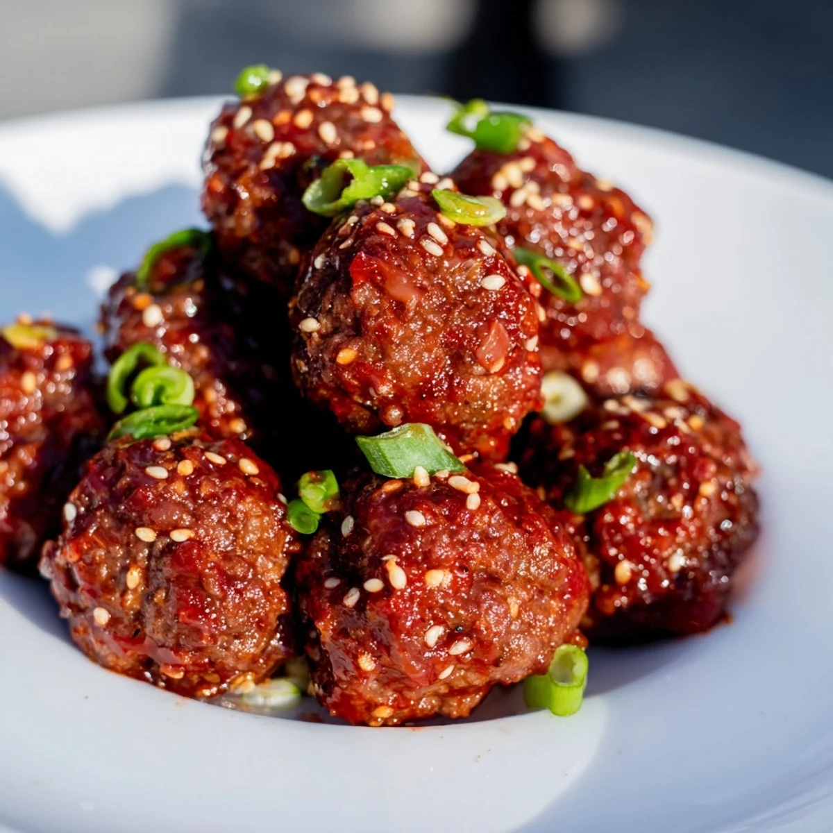 Golden-brown Spicy Sriracha Beef Meatballs with Sesame resting on a platter, garnished with fresh green onions and sesame seeds.