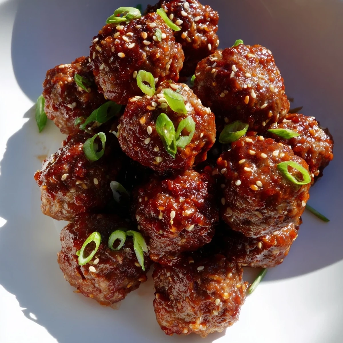 Freshly baked Spicy Sriracha Beef Meatballs with Sesame served over white rice, ready to be enjoyed as dinner.