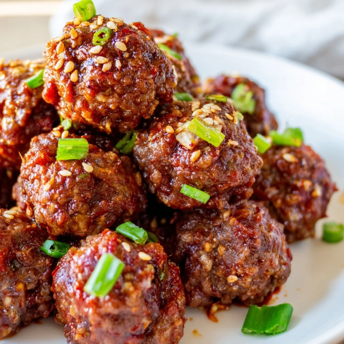 A close-up of glazed Spicy Sriracha Beef Meatballs with Sesame revealing a tender, juicy interior and sticky, aromatic sauce.
