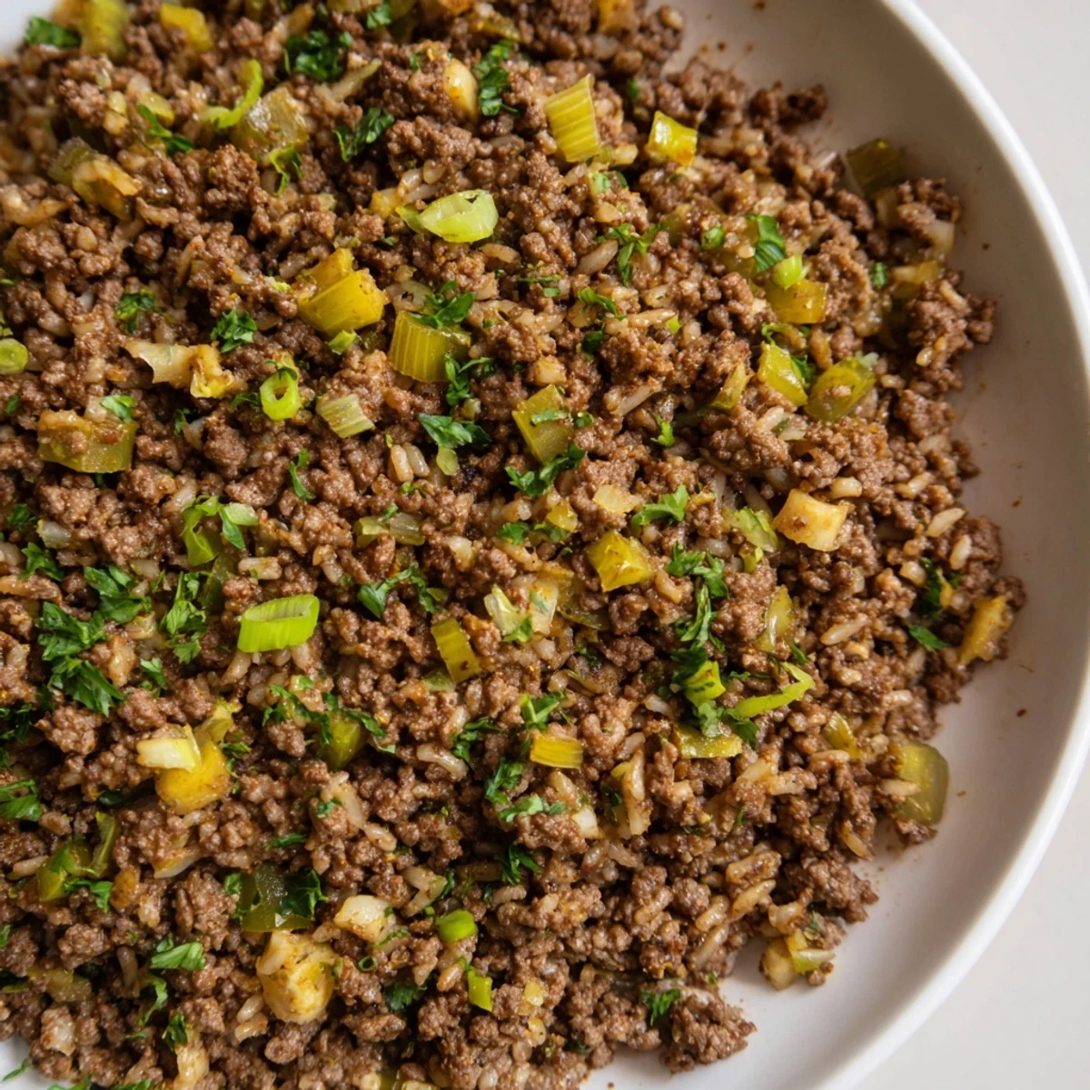 Steaming Cajun Dirty Rice with Ground Beef served in a rustic bowl, topped with fresh parsley and green onions.