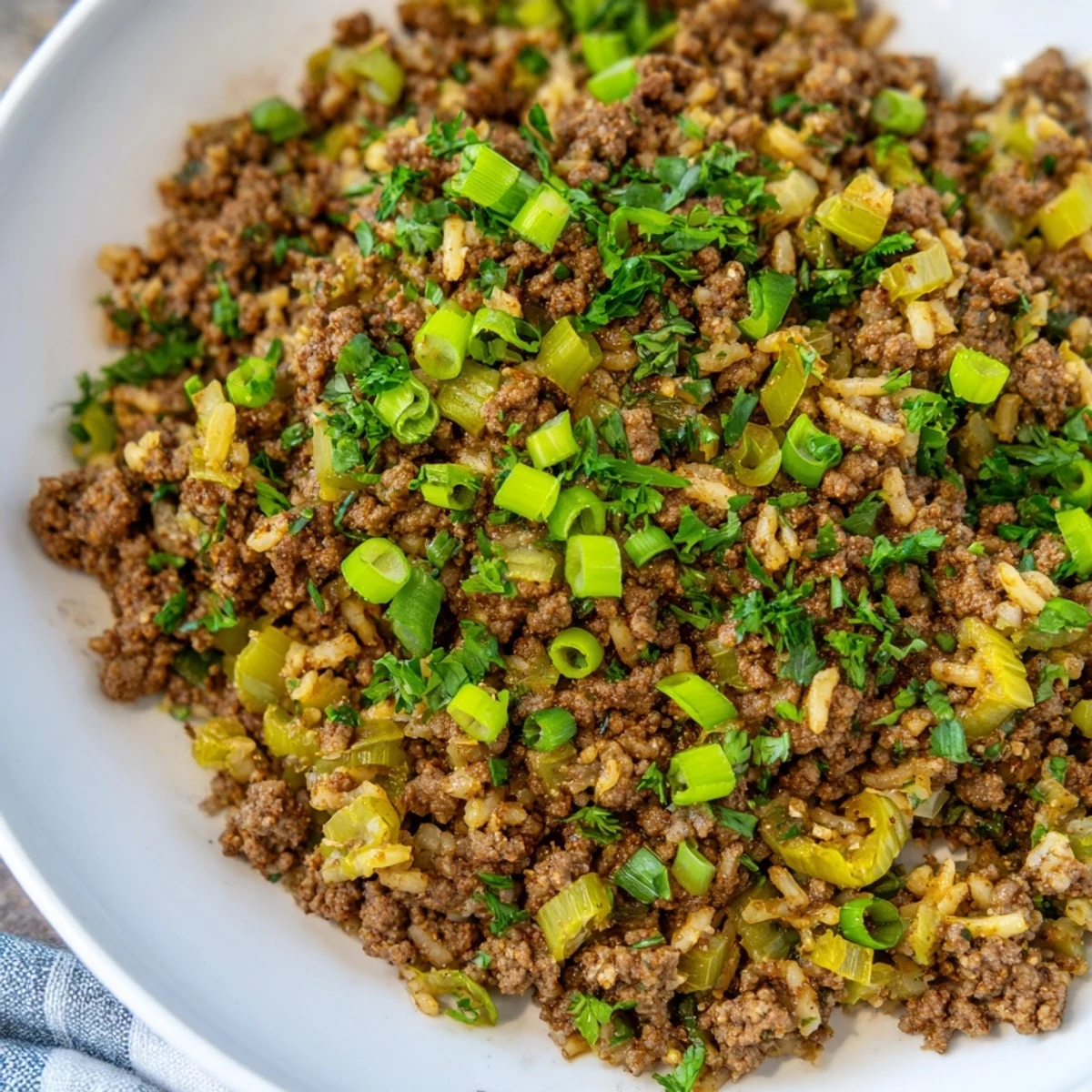 Close-up on a spoon lifting Cajun Dirty Rice with Ground Beef, revealing savory beef and fluffy rice grains.