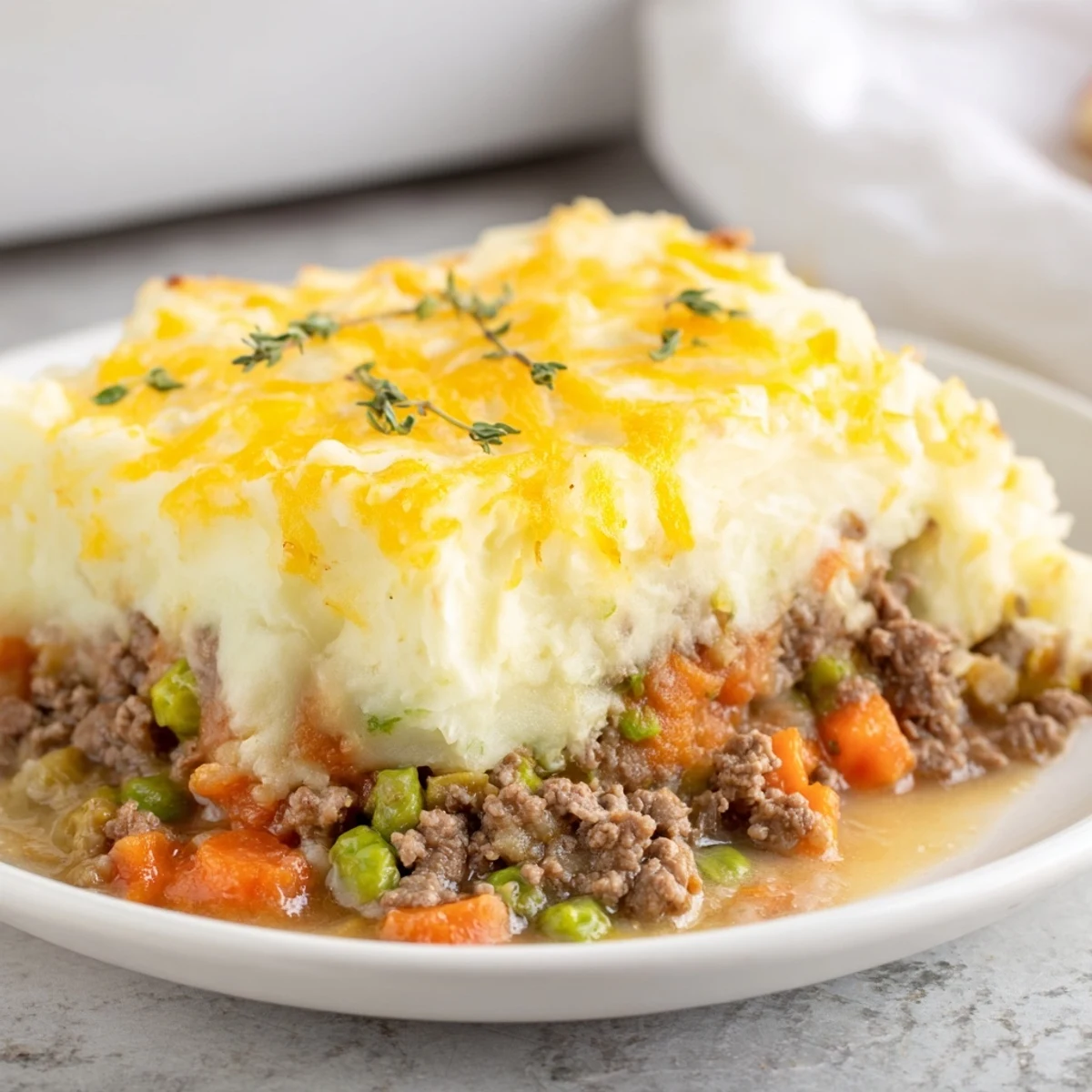 Golden-brown Shepherd's Pie with Savory Lamb bubbling from the oven, featuring creamy mashed potato peaks.