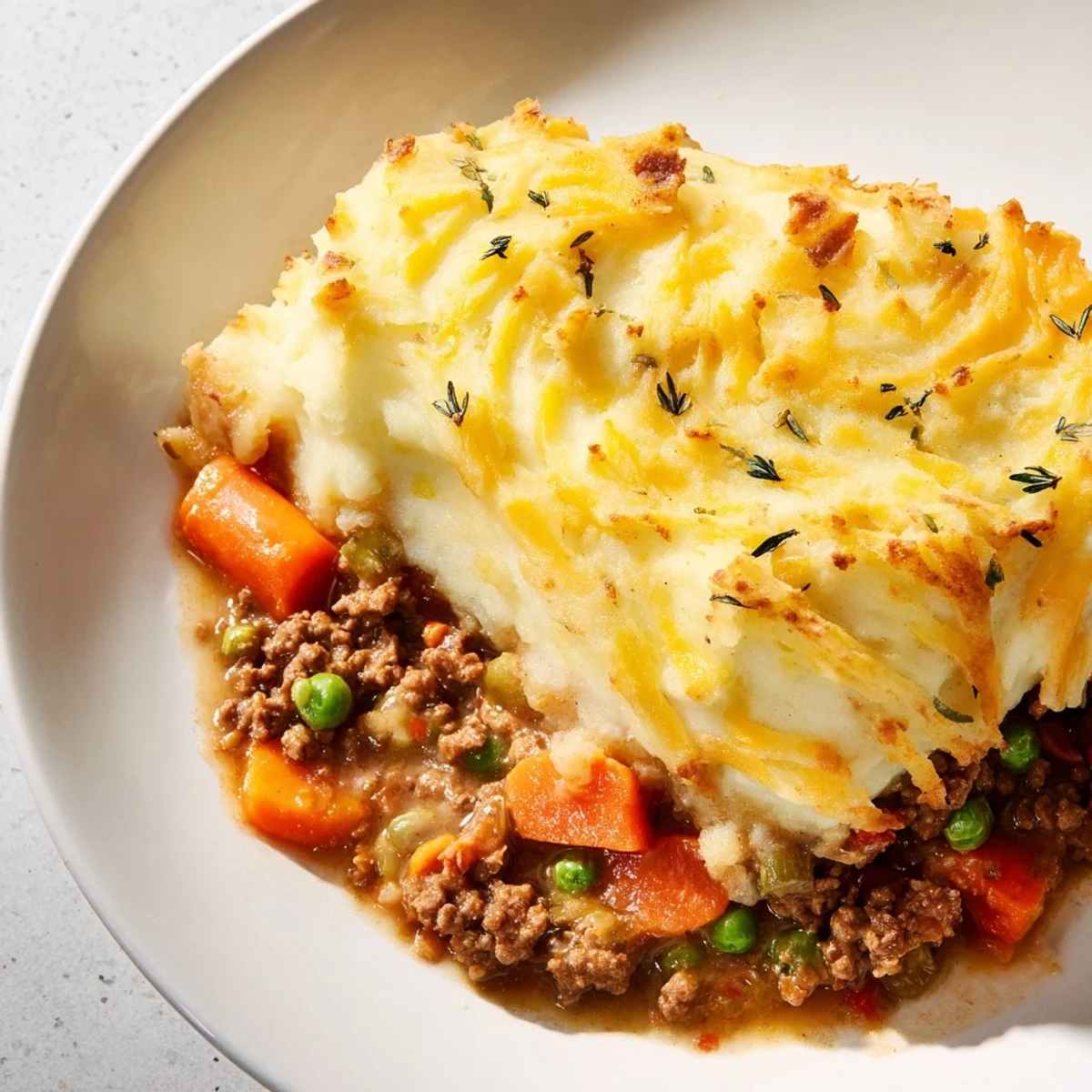 A hearty slice of Shepherd's Pie with Savory Lamb and peas on a rustic plate, ready to serve.