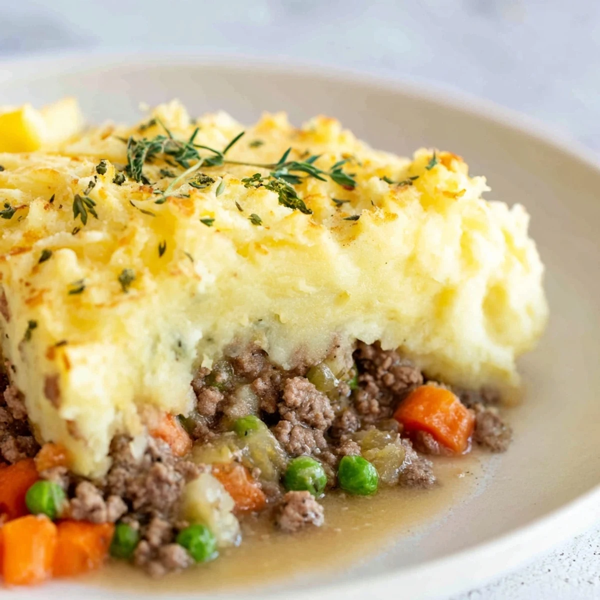 Bubbling Shepherd's Pie with Savory Lamb filling and cheesy, crispy potato topping in a ceramic baking dish.