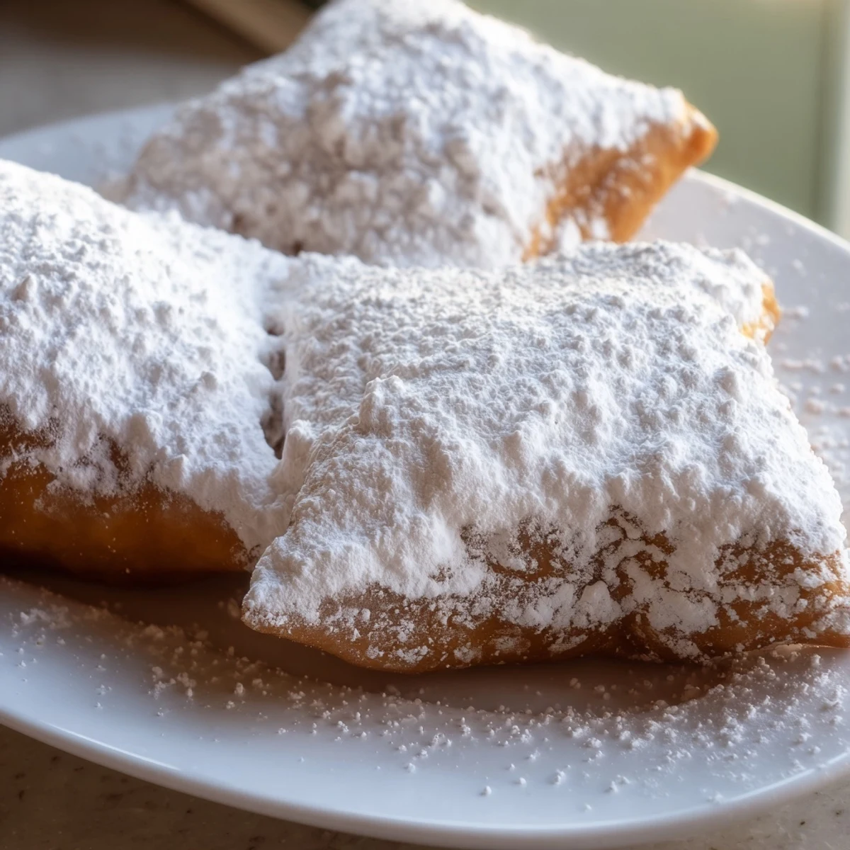 Golden, puffy New Orleans Style Beignets dusted with powdered sugar on a plate.