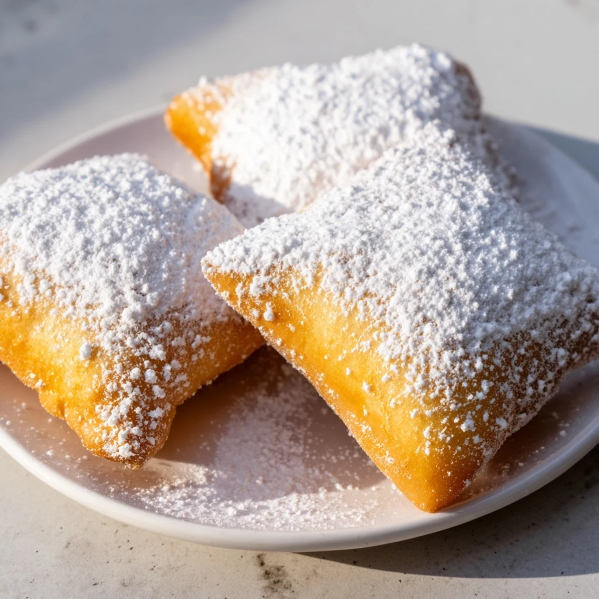 Warm New Orleans Style Beignets stacked high, coated in sweet powdered sugar.