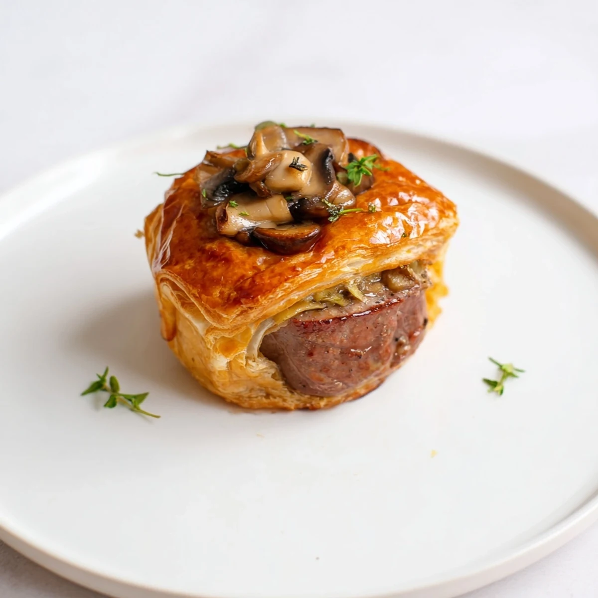 Four Mini Beef Wellingtons on a white platter, their flaky pastry brushed with egg wash beside a red wine sauce.