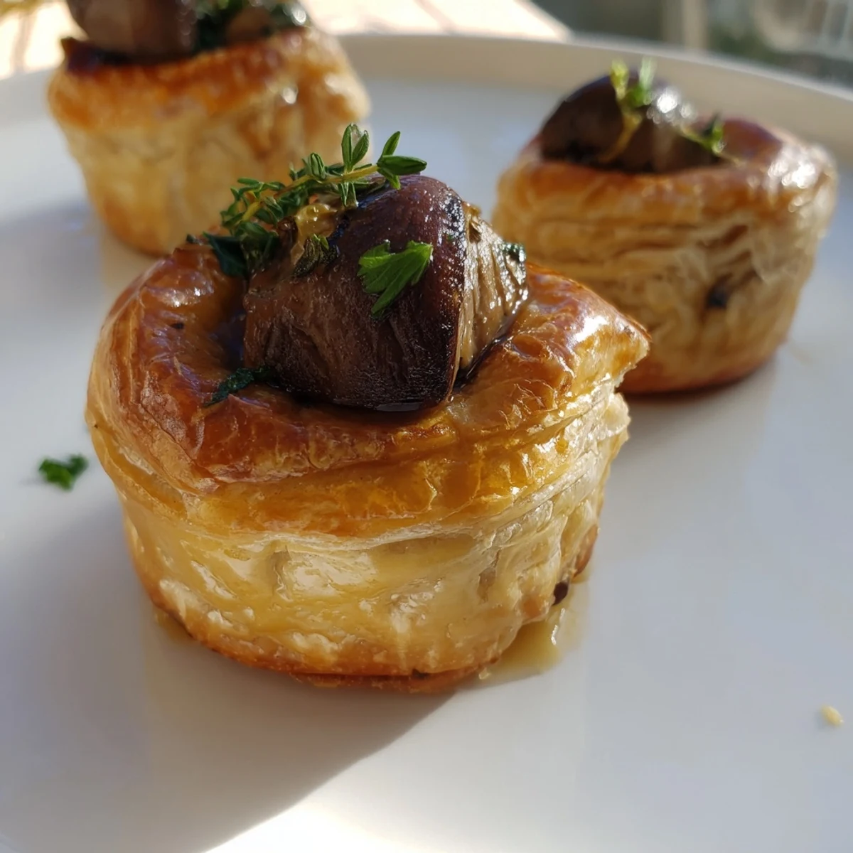Golden-brown Mini Beef Wellingtons with mushroom duxelles sit on a rustic wooden board, garnished with fresh thyme.