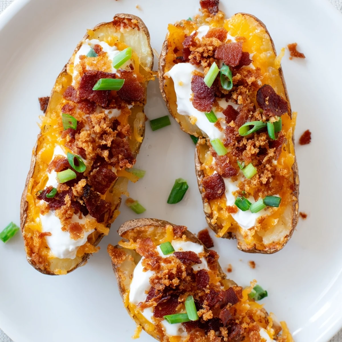 Golden brown Game Day Loaded Potato Skins with Beef Bacon topped with melted cheddar, crumbles, and green onions on a rustic platter.
