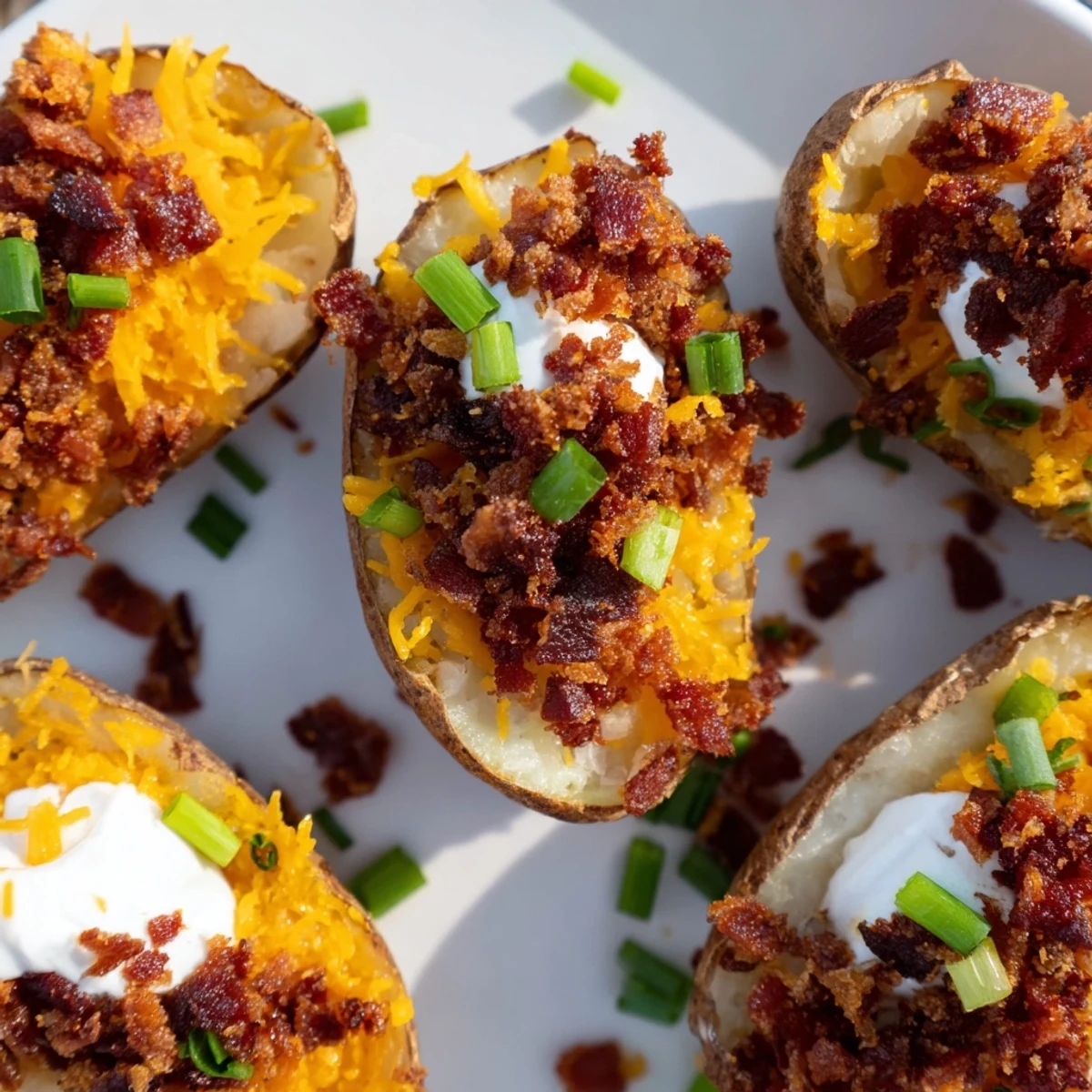 Crisp Game Day Loaded Potato Skins with Beef Bacon, baked golden and piled with bubbling cheese and smoky beef bacon bits.