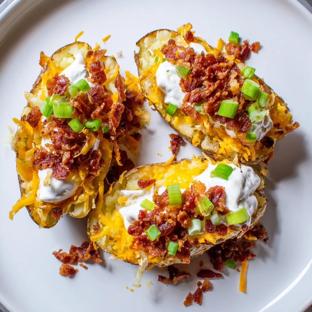 Freshly baked Game Day Loaded Potato Skins with Beef Bacon topped with sour cream, chives, and scallions on a game day spread.