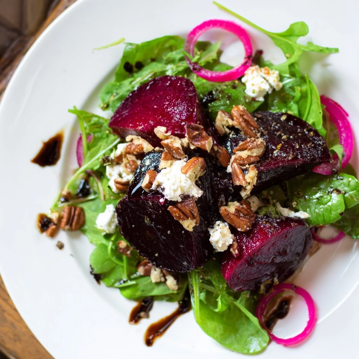 A close-up of roasted beet and goat cheese salad, featuring crumbled cheese, toasted pecans, and fresh greens with vinaigrette.