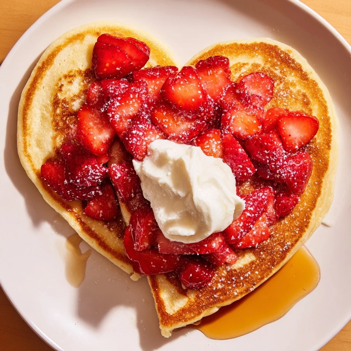 Strawberry-topped Valentine Breakfast Pancakes served with whipped cream for a romantic breakfast.