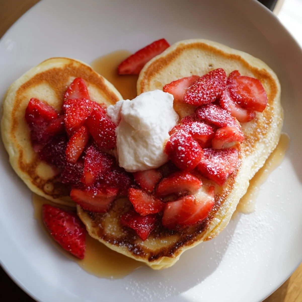 A stack of Valentine Breakfast Pancakes with strawberries and a drizzle of maple syrup on a white plate.