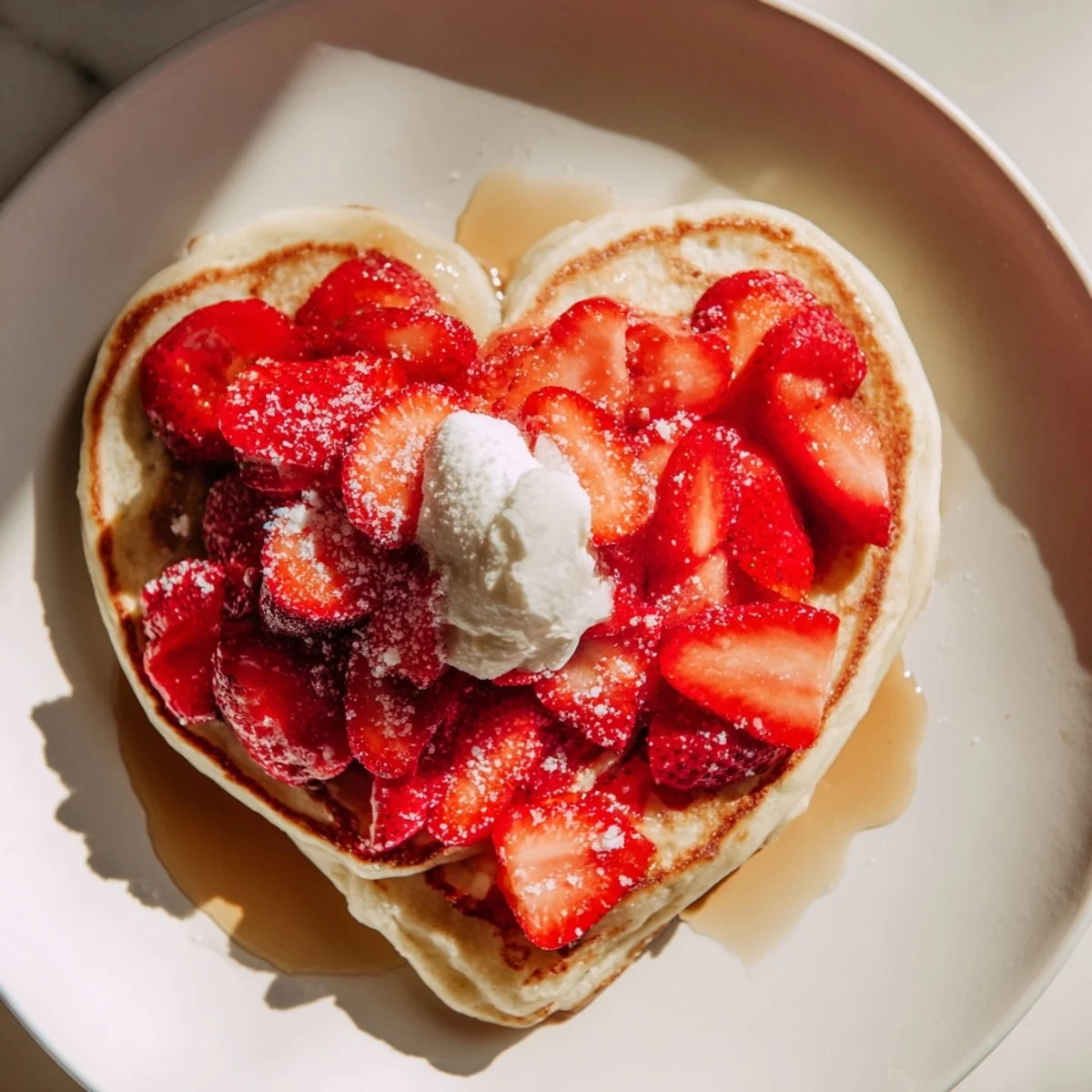 Fresh Valentine Breakfast Pancakes garnished with sliced strawberries and a touch of maple syrup.