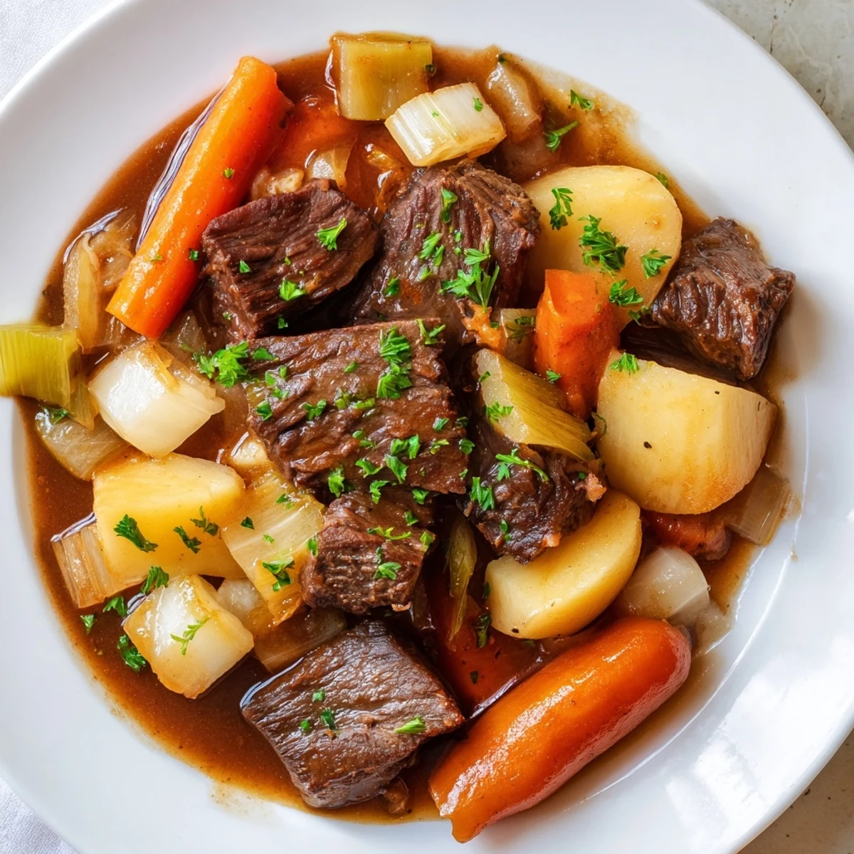 Close-up of tender beef and colorful root vegetables in a thick, rich gravy for Savory Beef Stew.