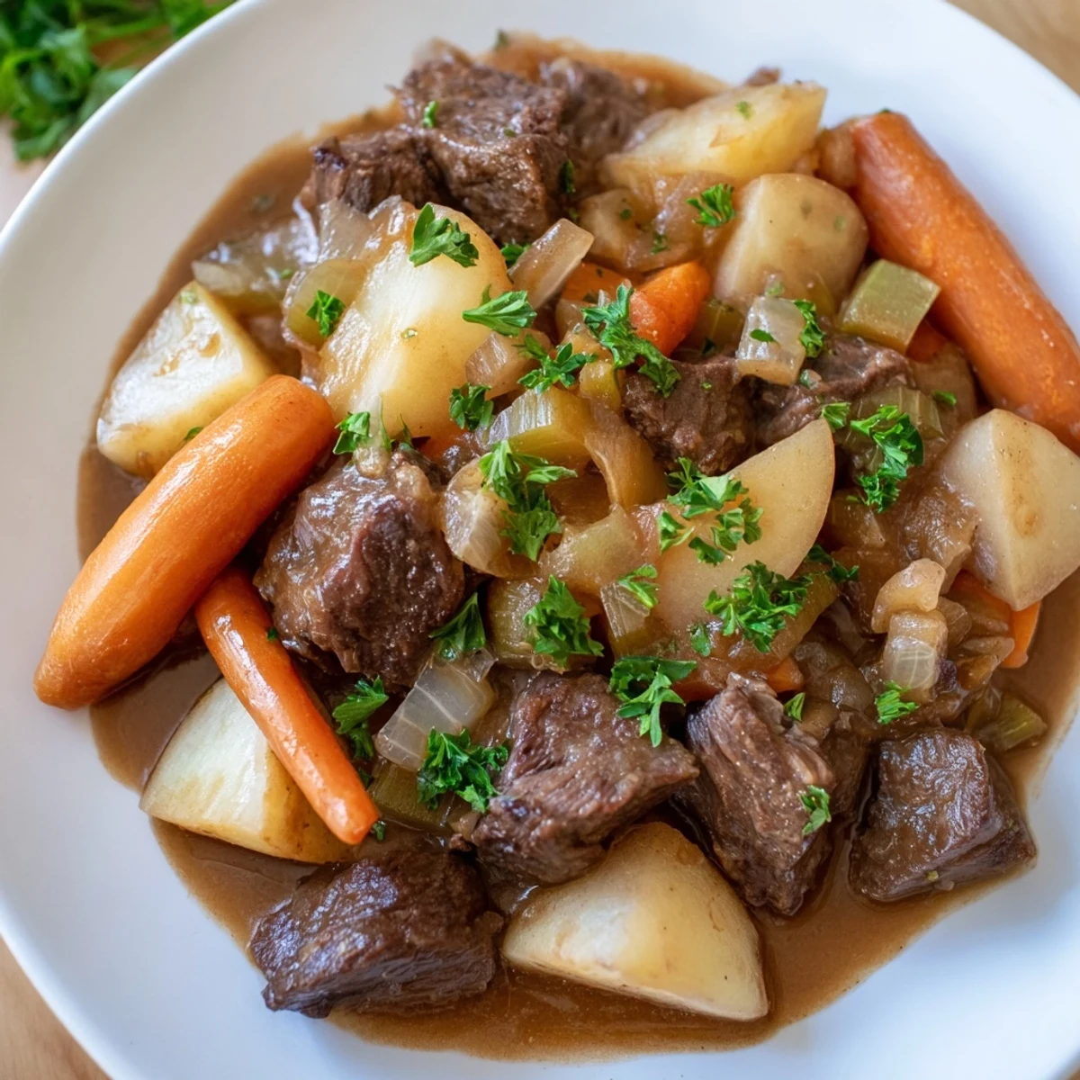A hearty Savory Beef Stew with Root Vegetables steaming in a rustic bowl, garnished with fresh parsley.
