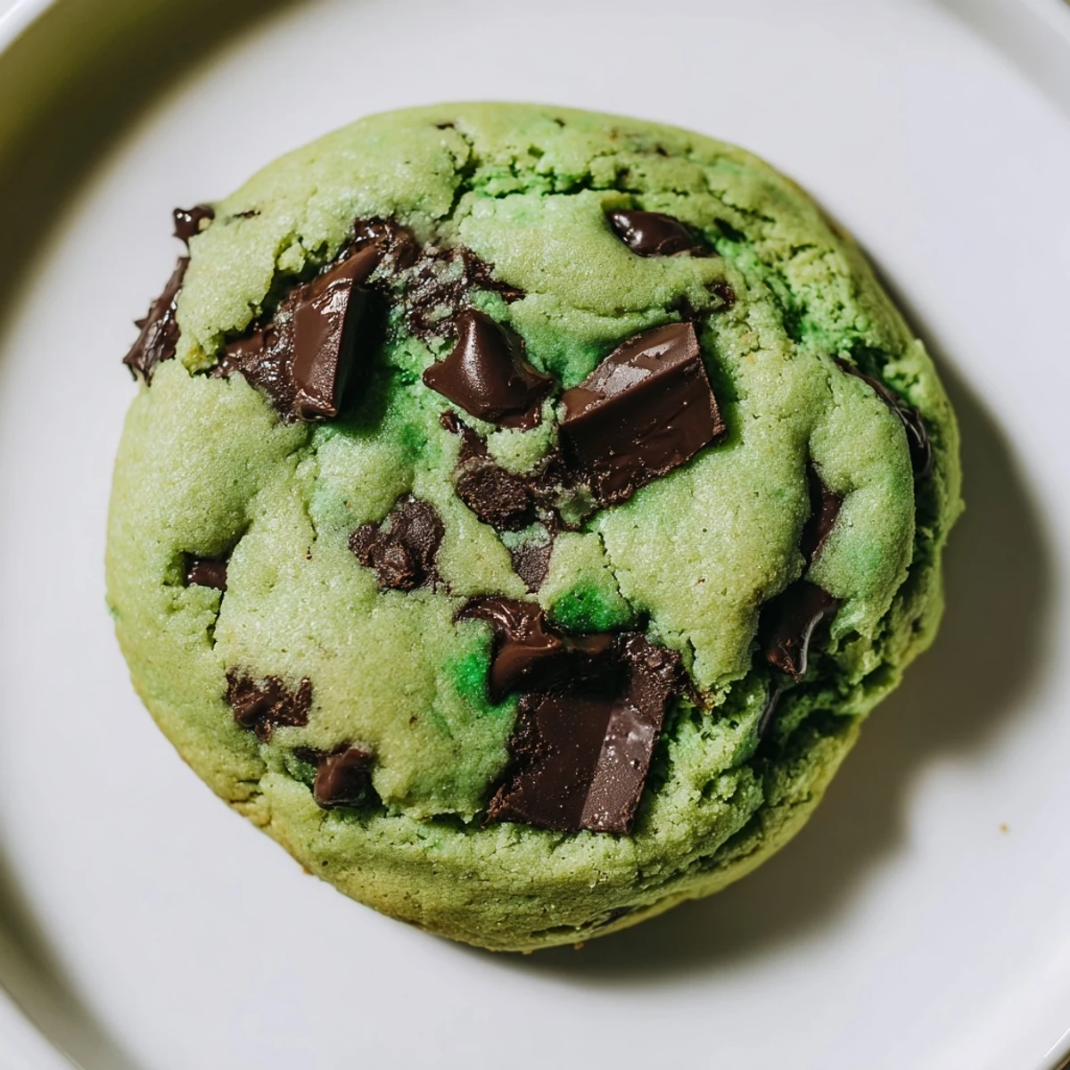 Close-up of Mint Chocolate Chip Cookies with green dough, highlighting gooey chocolate chips in each chewy bite.  