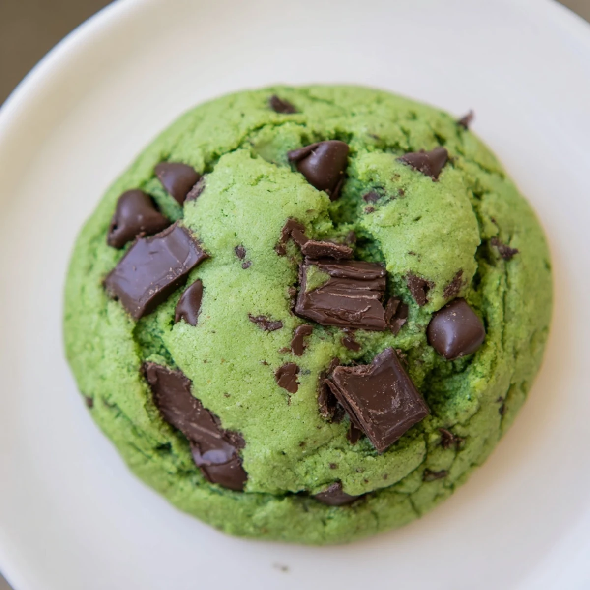 Golden-edged Mint Chocolate Chip Cookies with minty green dough and rich chocolate chips on a cooling rack.